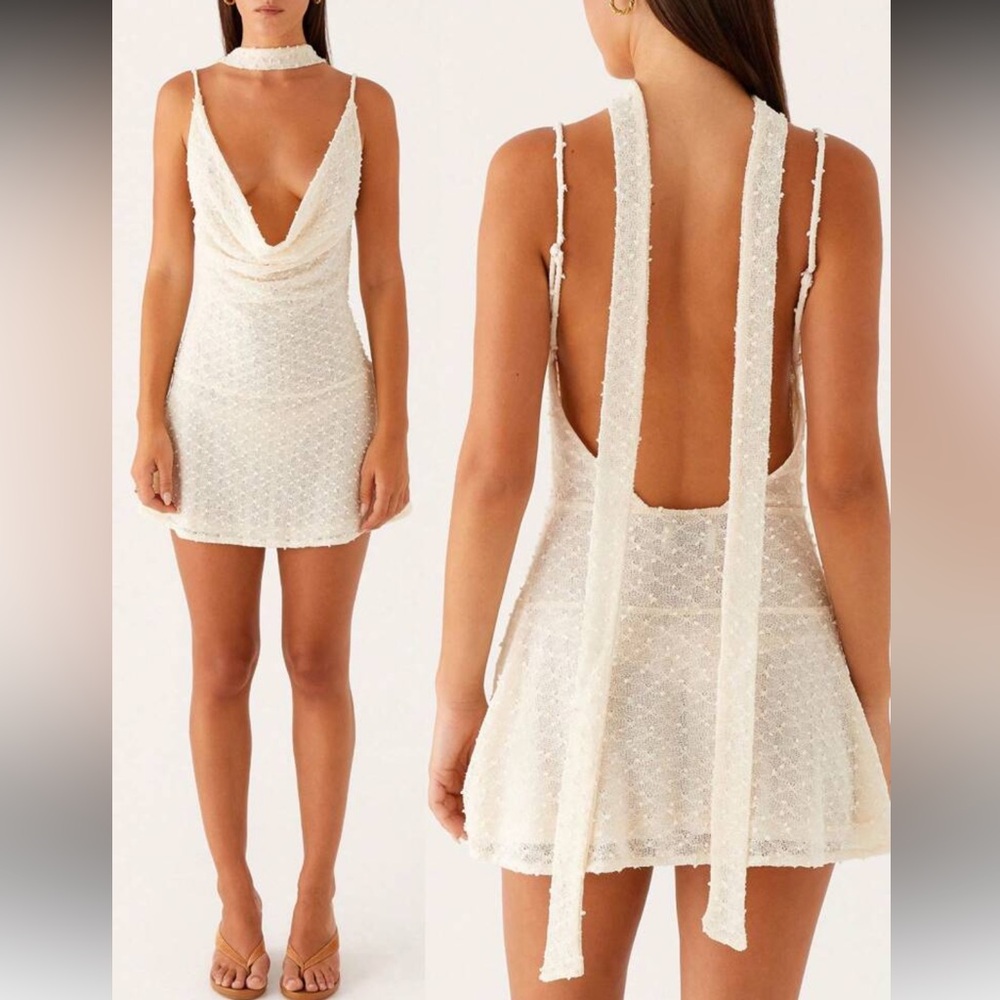 NEW Cowl Neck Low Back Mini Dress w/ scarf - White
